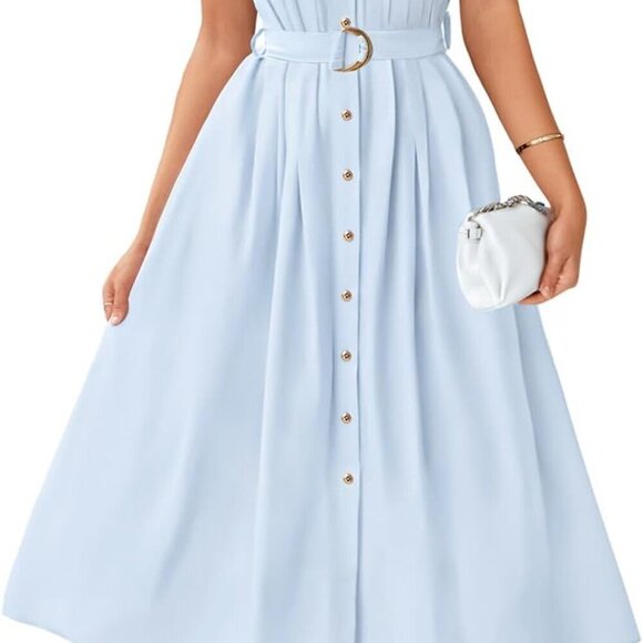 Dresses & Skirts - Women's Cotton Midi Dress Casual V Neck Flutter Sleeve Pockets Belted